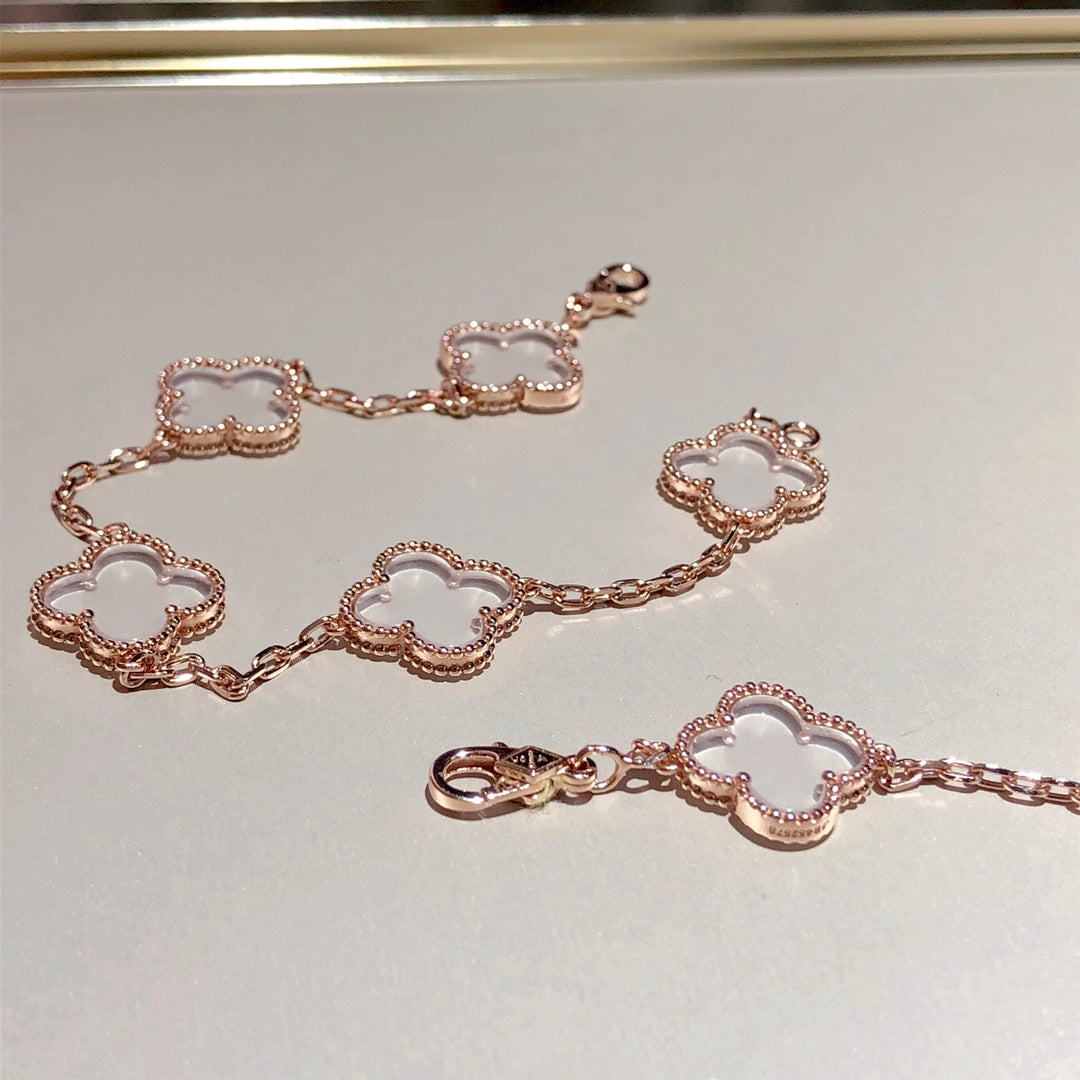 [Violet JW]CLOVER 5 MOTIF ROCK CRYSTAL PINK GOLD BRACELET