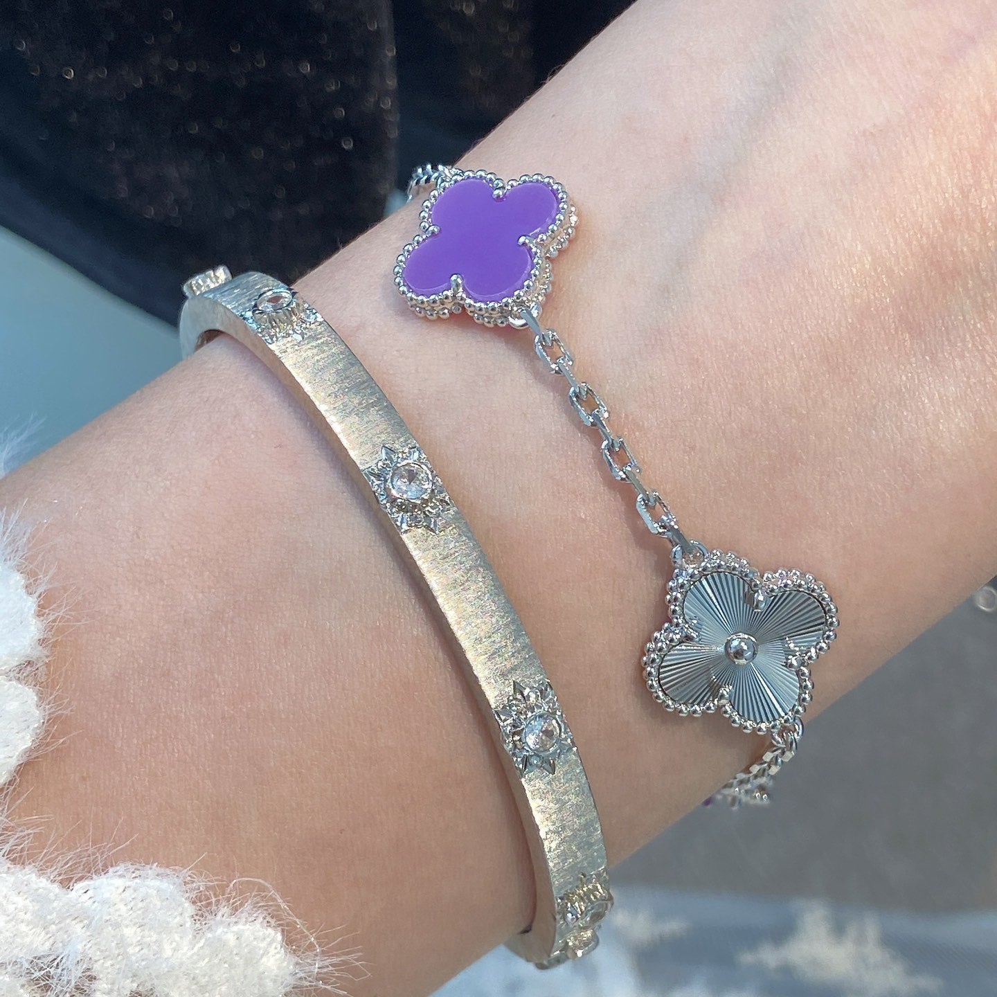 [Violet JW]CLOVER  5 MOTIFS  PURPLE VIOLET BRACELET SILVER