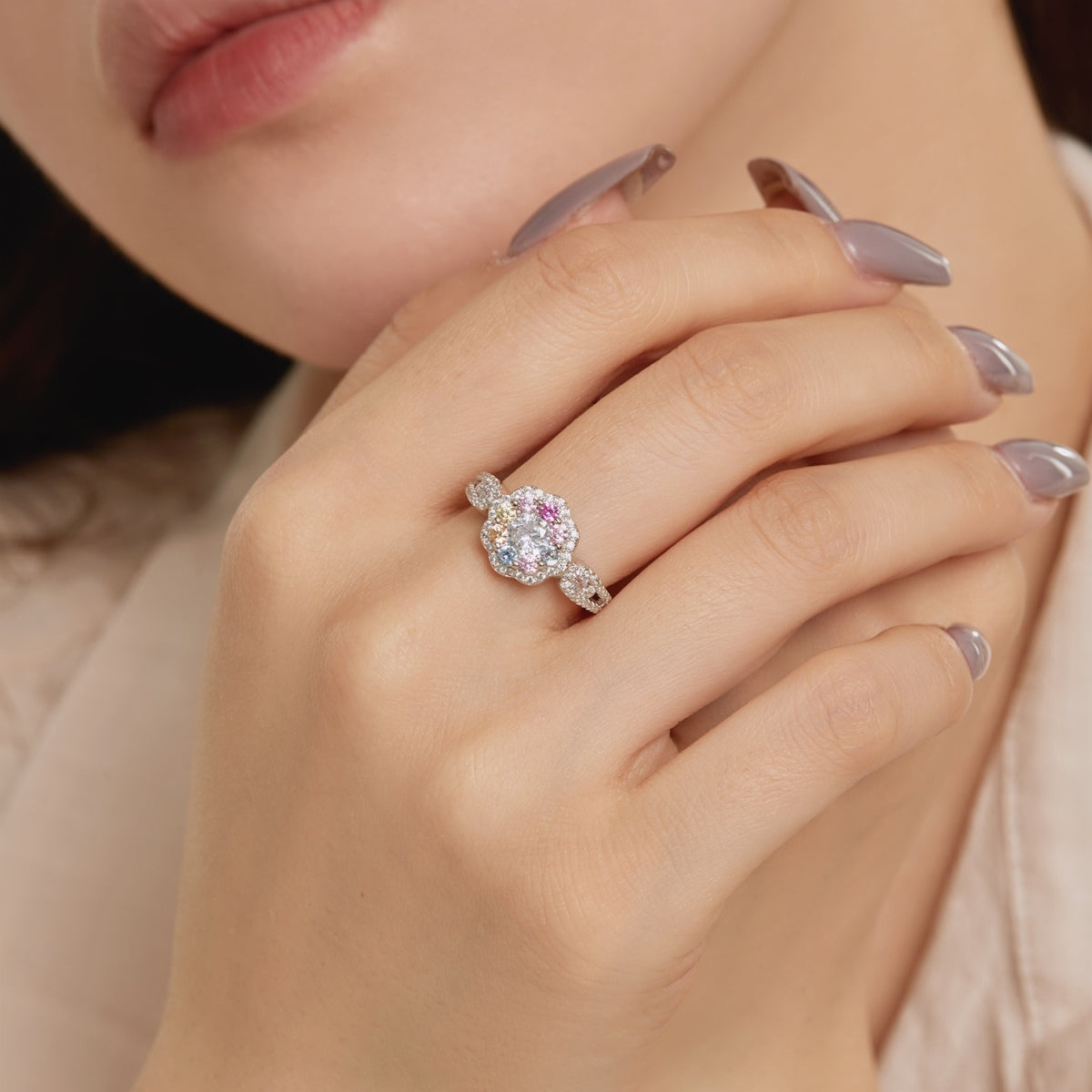 [Violet JW]Delicate Colorful Round Cut Flower Shape Wedding Ring