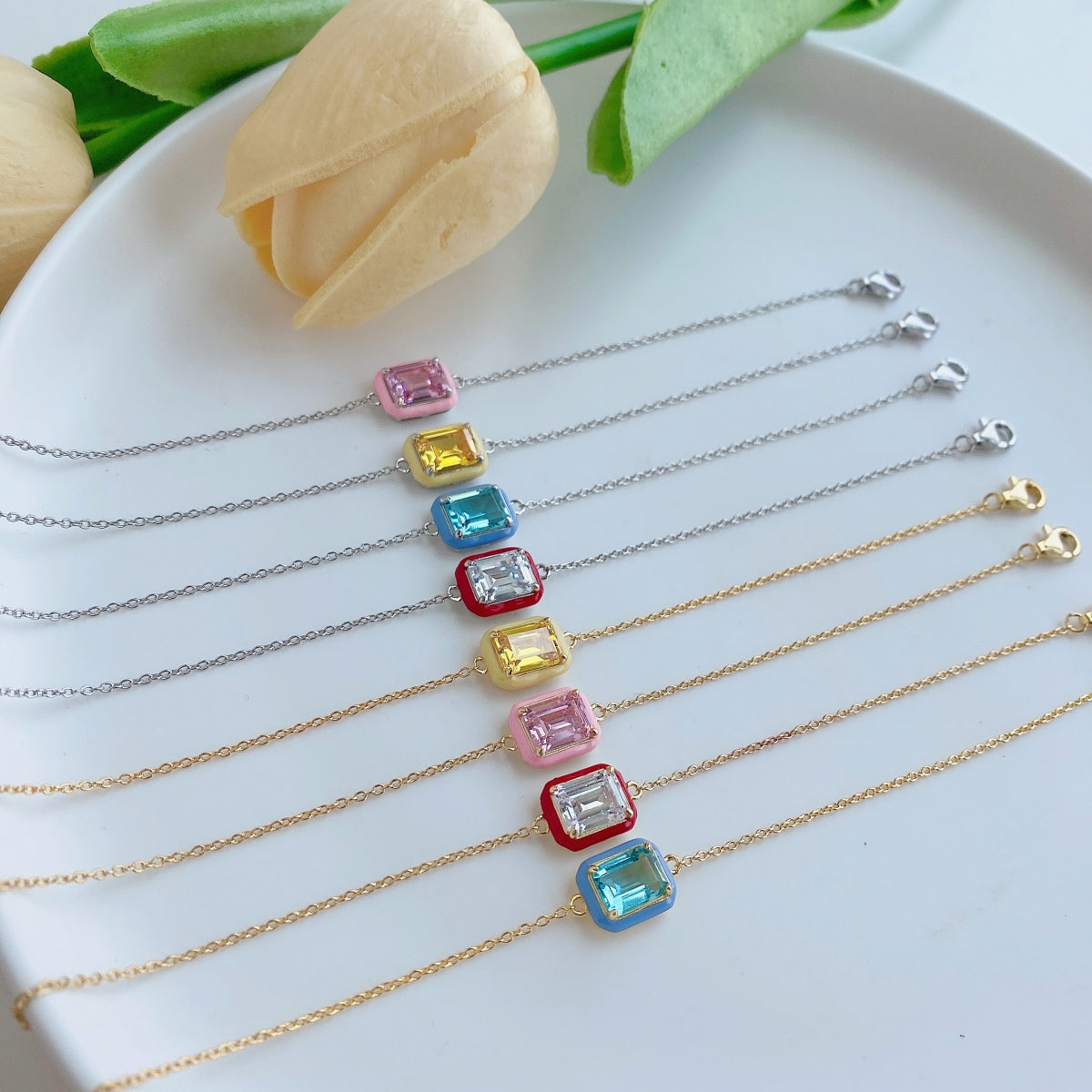 [Violet JW]2.0 Carat Sparkling Colorful Emerald Cut Daily Bracelet