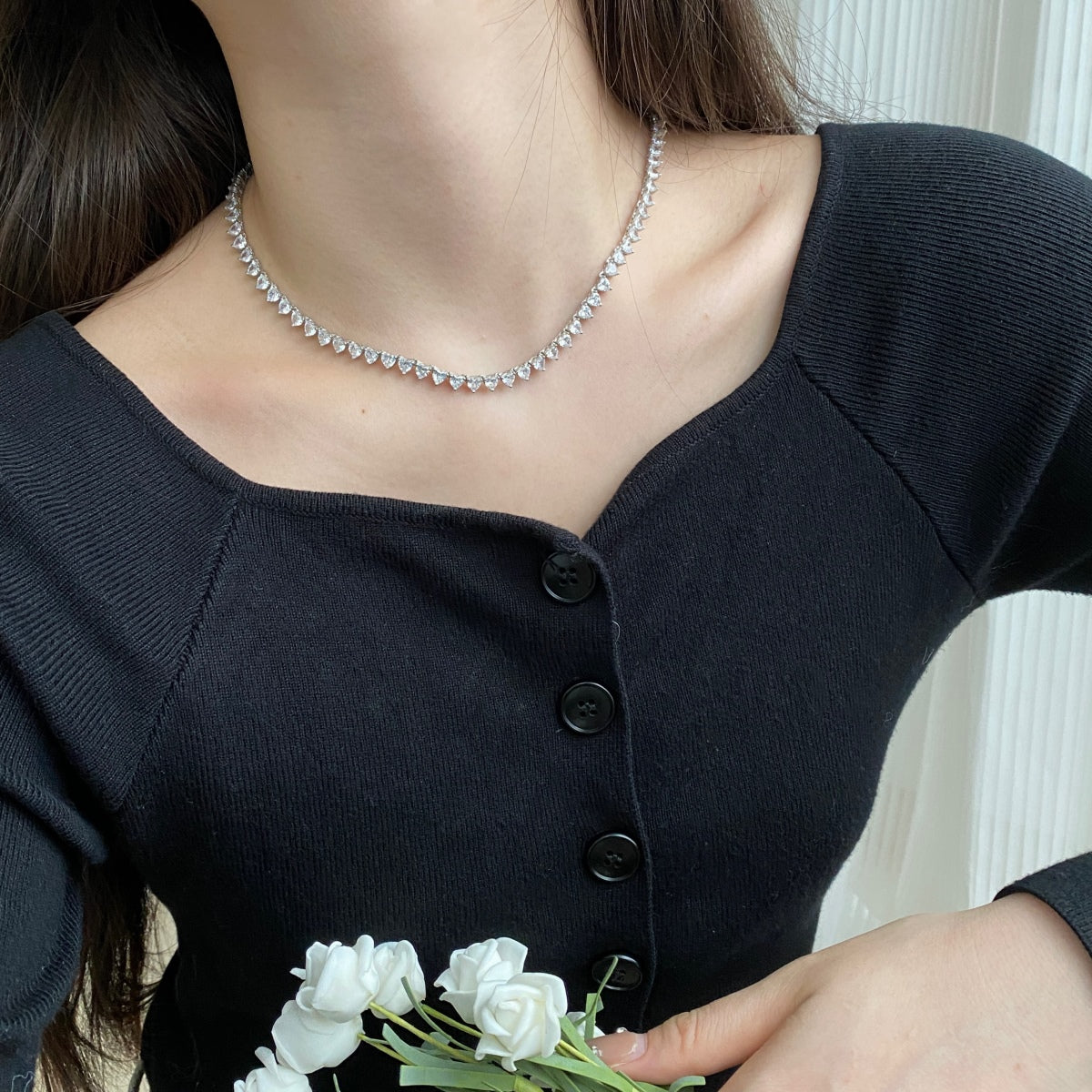 [Violet JW]Ornate Heart Cut Tennis Necklace