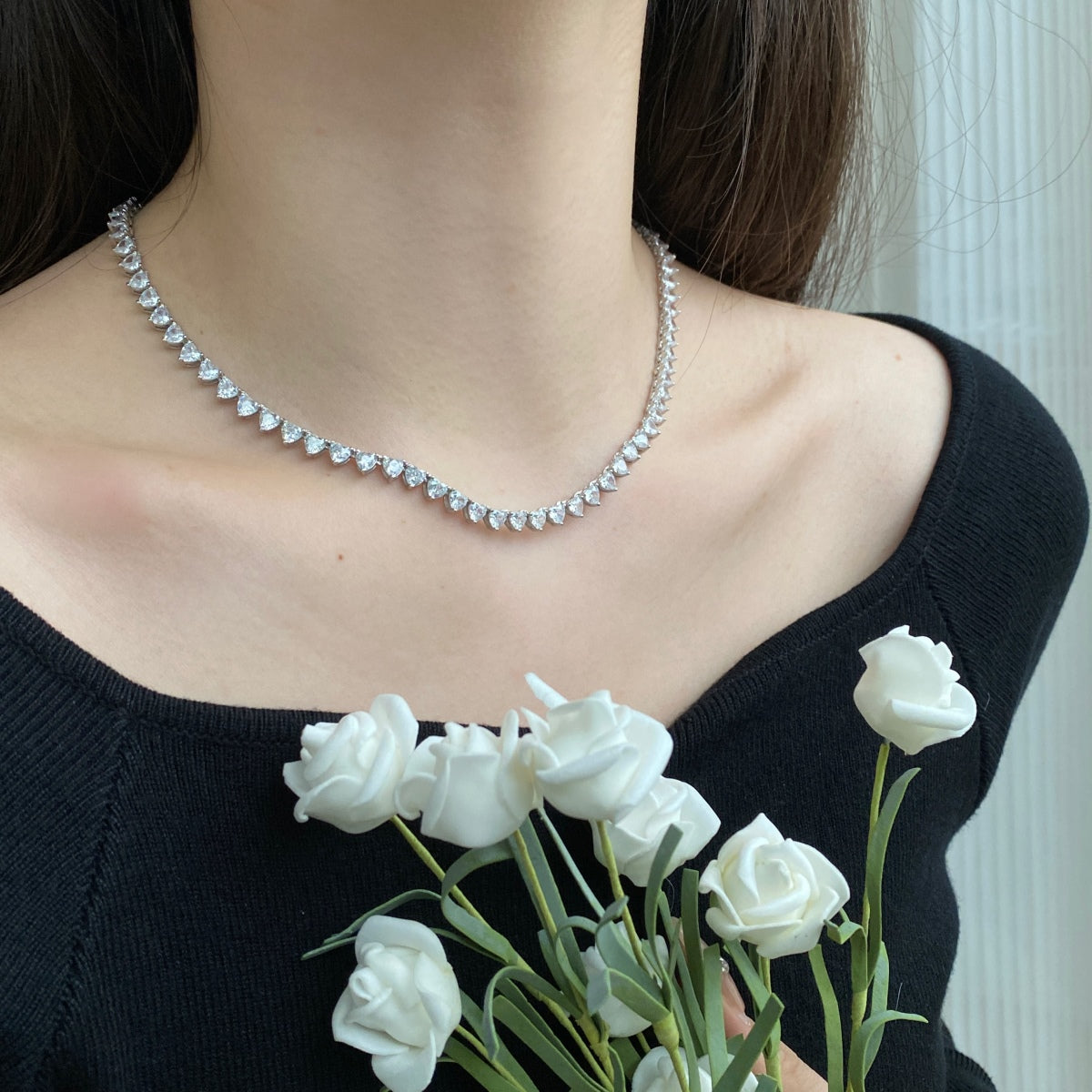 [Violet JW]Ornate Heart Cut Tennis Necklace