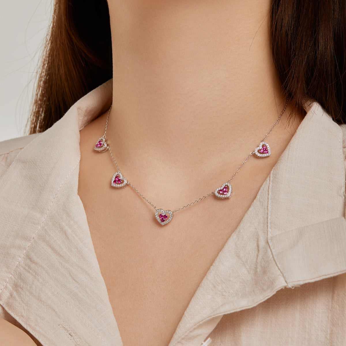 [Violet JW]Sparkling Five Heart Necklace