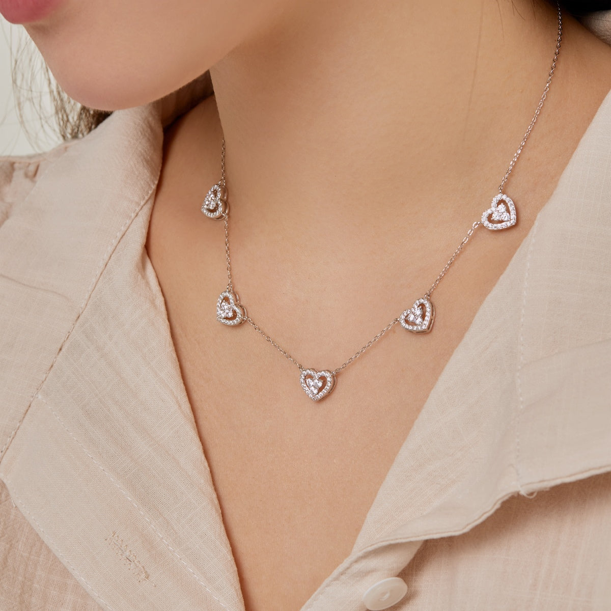 [Violet JW]Sparkling Five Heart Necklace