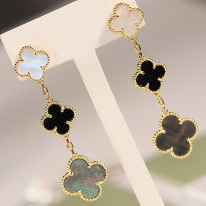 [Violet JW]CLOVER EARRINGS GOLD ONYX MOP 3 MOTIF