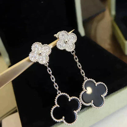 [Violet JW]CLOVER 2 MOTIFS  DIAMOND ONYX EARRINGS SILVER