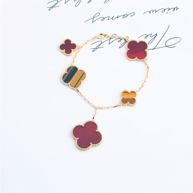 [Violet JW]CLOVER BRACELET 5 MOTIFS CARNELIAN TIGER EYE
