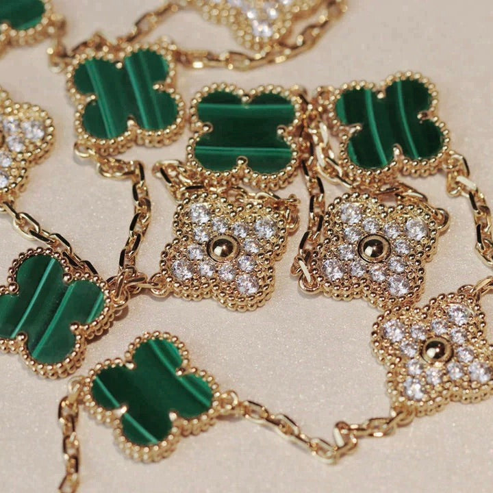 [Violet JW]CLOVER 20 MOTIFS MALACHITE DIAMOND NECKLACE