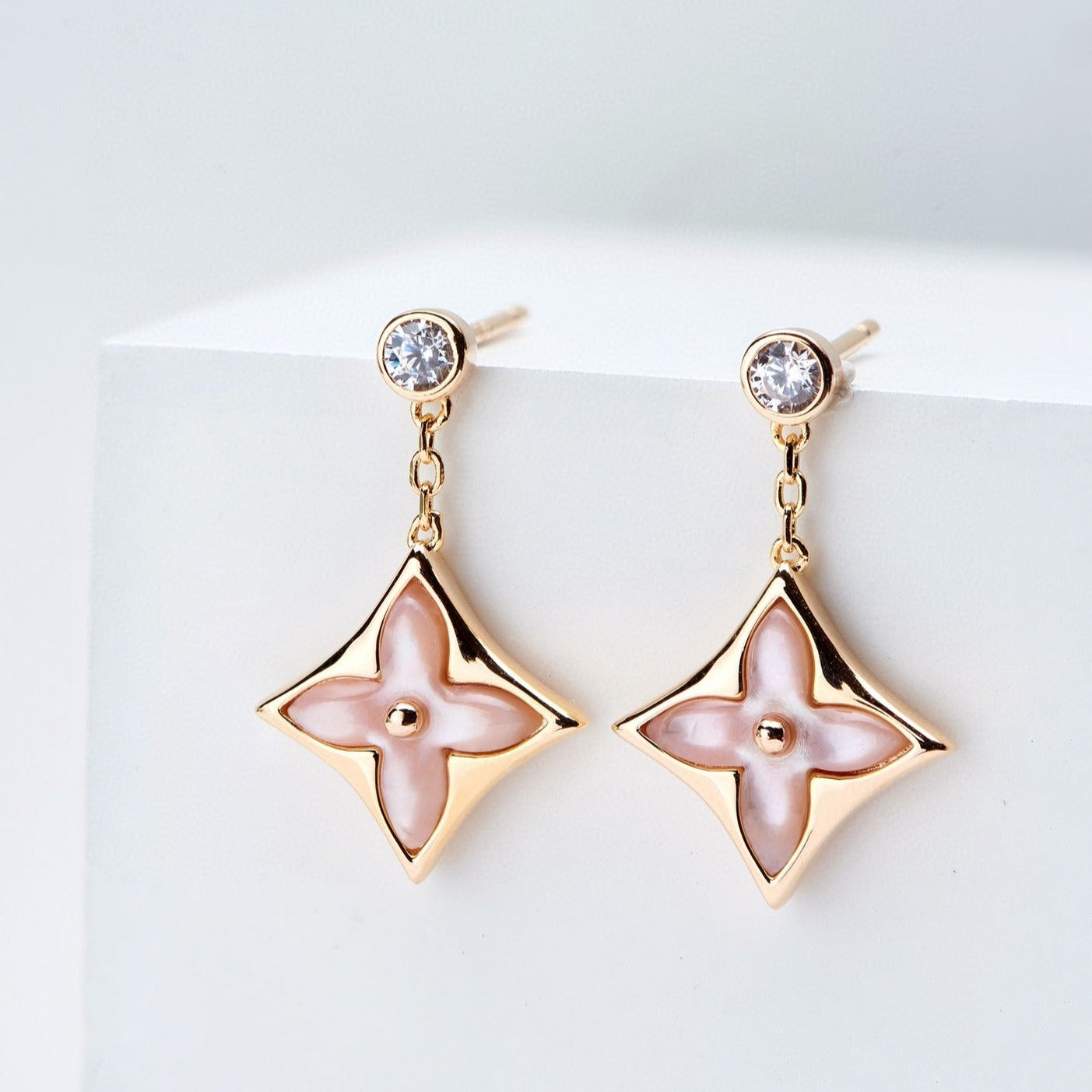[Violet JW]DOUBLE STAR PINK GOLD MOP DROP EARRINGS