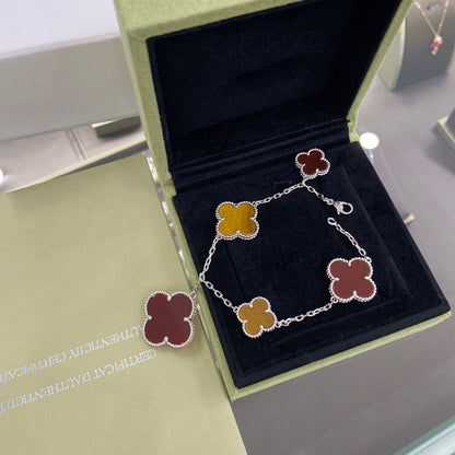 [Violet JW]CLOVER 5 MOTIFS SIVLER CARNELIAN TIGER EYE BRACELET
