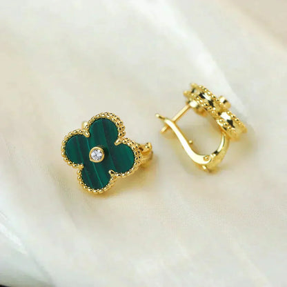 [Violet JW]CLOVER MEDIUM 1 MOTIFS MALACHITE DIAMOND EARRINGS