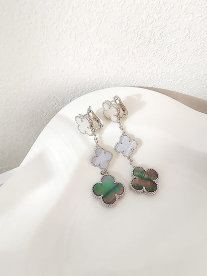 [Violet JW]CLOVER 3 MOTIFS CHALCEDONY DARK MOP SILVER EARRINGS