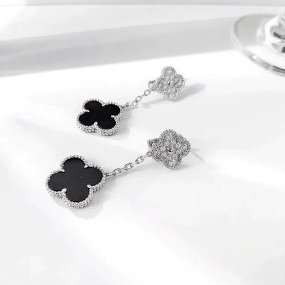 [Violet JW]CLOVER 2 MOTIFS  DIAMOND ONYX EARRINGS SILVER