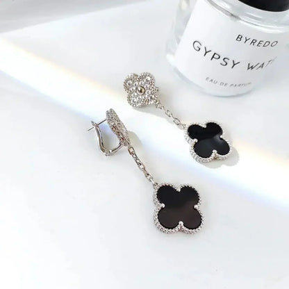 [Violet JW]CLOVER 2 MOTIFS  DIAMOND ONYX EARRINGS SILVER