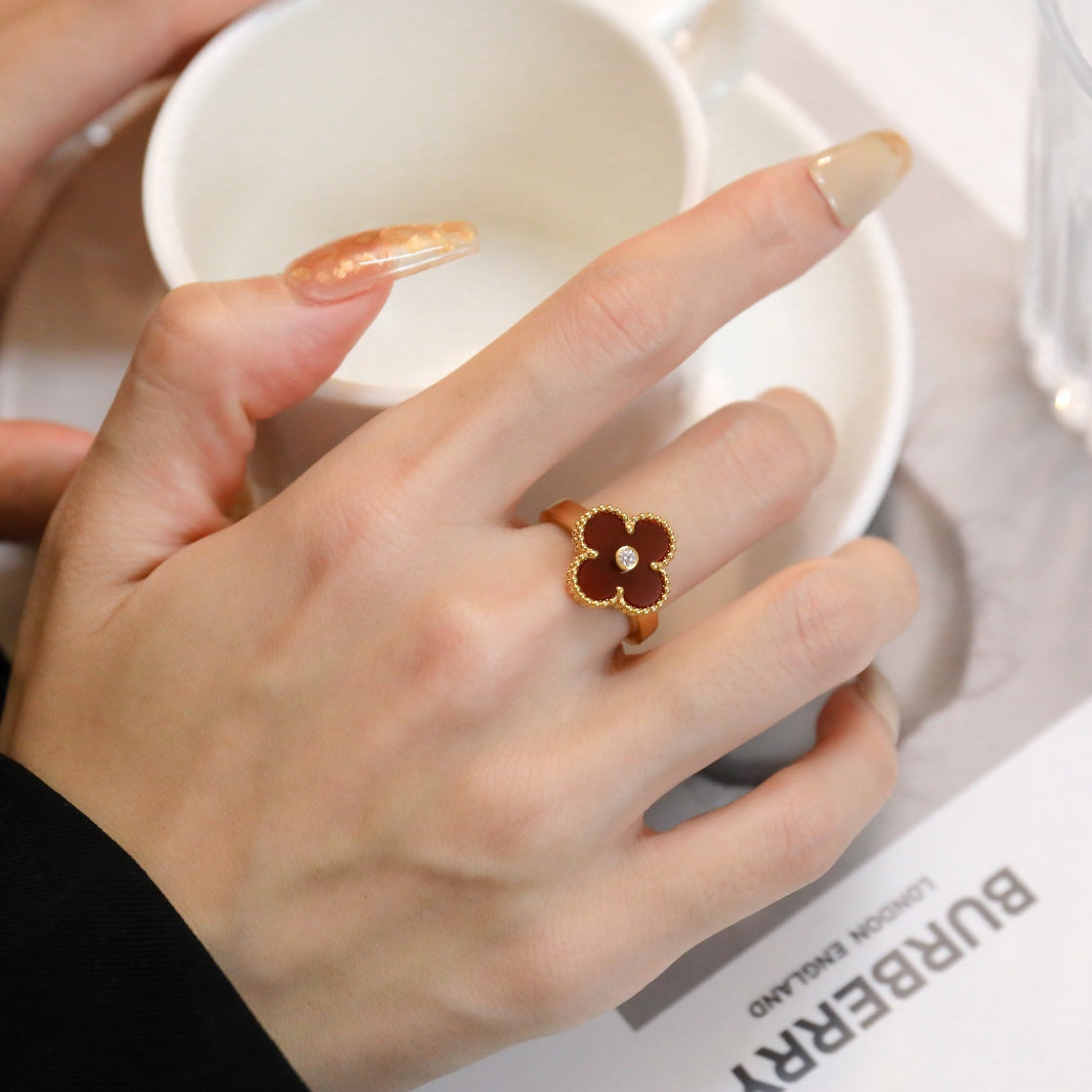 [Violet JW]CLOVER CARNELIAN RING ROSE GOLD DIAMOND