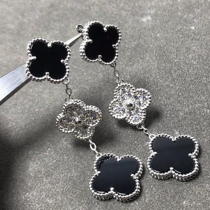 [Violet JW]CLOVER 3 MOTIF DIAMOND ONYX SILVER EARRINGS
