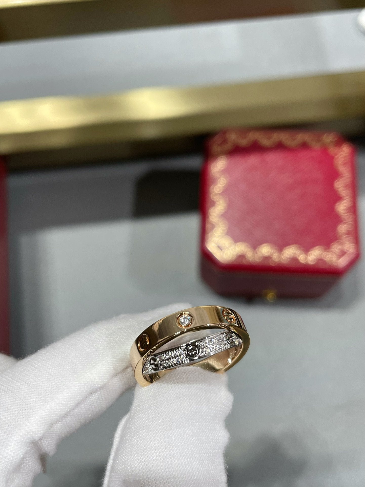 [Violet JW]LOVE PINK GOLD SILVER DIAMOND DOUBLE RING