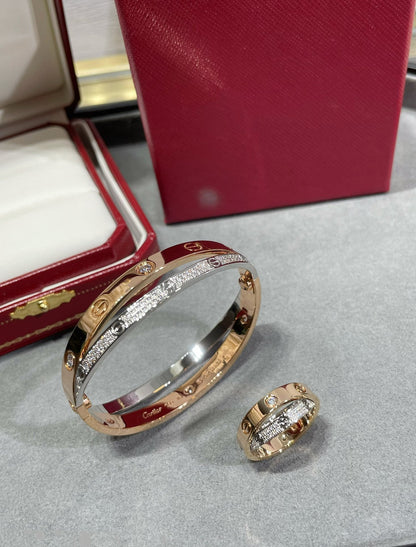 [Violet JW]LOVE PINK GOLD SILVER DIAMOND DOUBLE RING