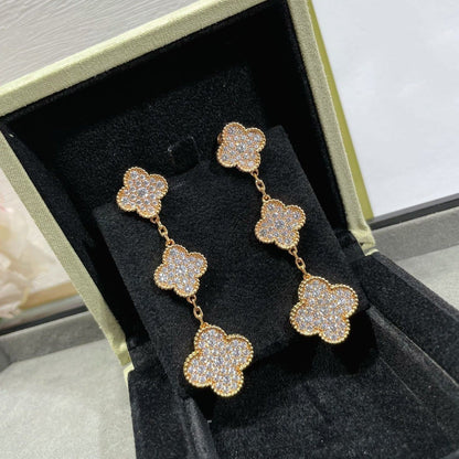 [Violet JW]CLOVER 3 MOTIFS DIAMOND PAVED ROSE GOLD EARRINGS