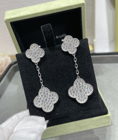 [Violet JW]CLOVER 2 MOTIFS DIAMOND PAVED SILVER EARRINGS