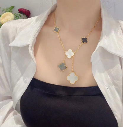 [Violet JW]CLOVER 6 MOTIF MOP ONYX GOLD NECKLACE