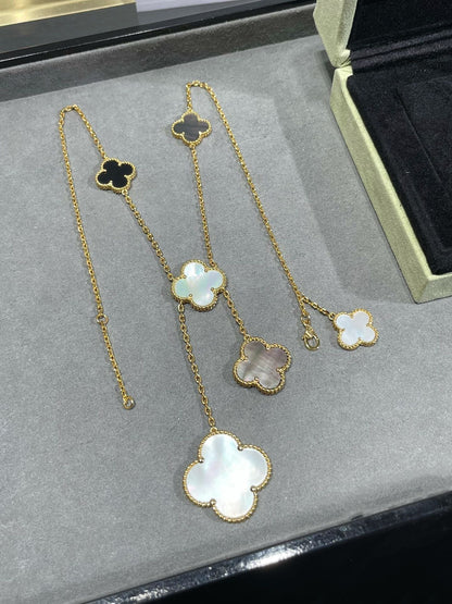 [Violet JW]CLOVER 6 MOTIF MOP ONYX GOLD NECKLACE