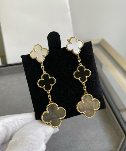 [Violet JW]CLOVER 3 MOTIF MOP ONYX DARK MOP PINK GOLD EARRINGS