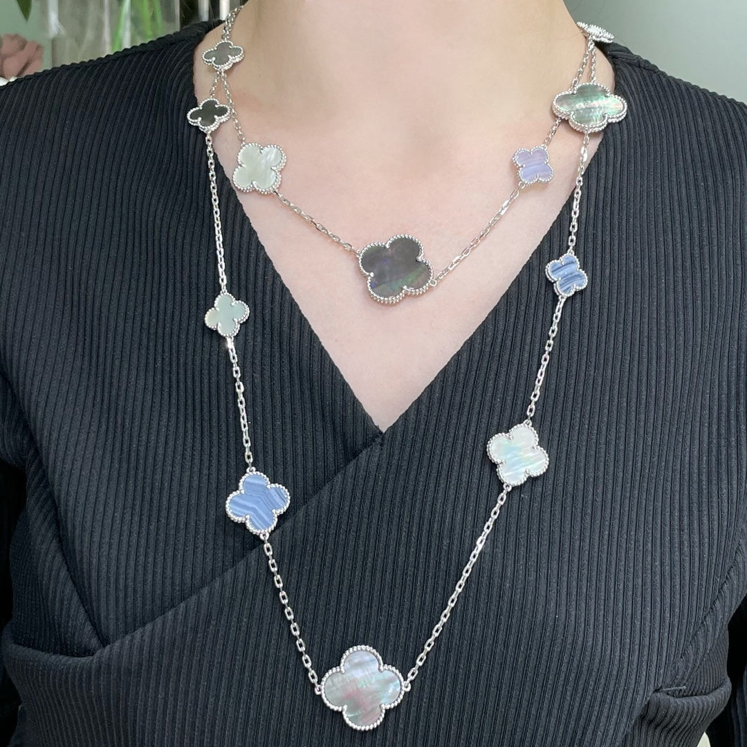 [Violet JW]CLOVER 16 MOTIF CHALCEDONY MOP SILVER NECKLACE