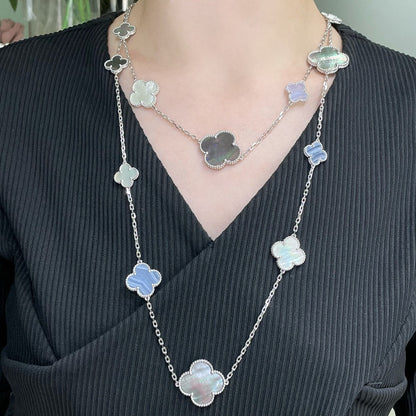 [Violet JW]CLOVER 16 MOTIF CHALCEDONY MOP SILVER NECKLACE