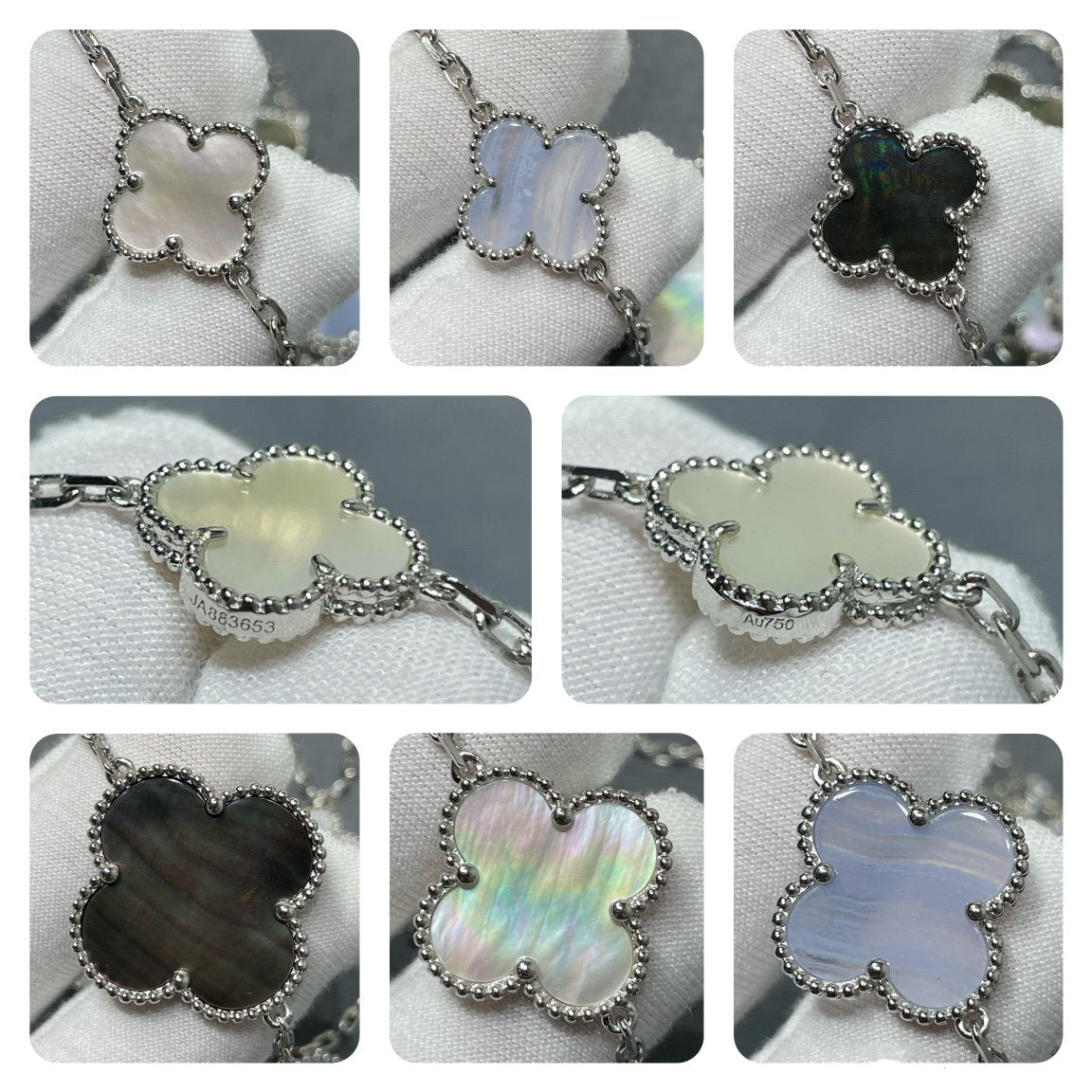 [Violet JW]CLOVER 16 MOTIF CHALCEDONY MOP SILVER NECKLACE