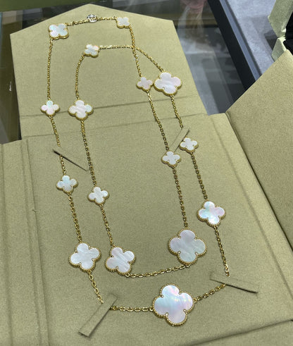 [Violet JW]CLOVER 16 MOTIF WHITE MOP GOLD NECKLACE