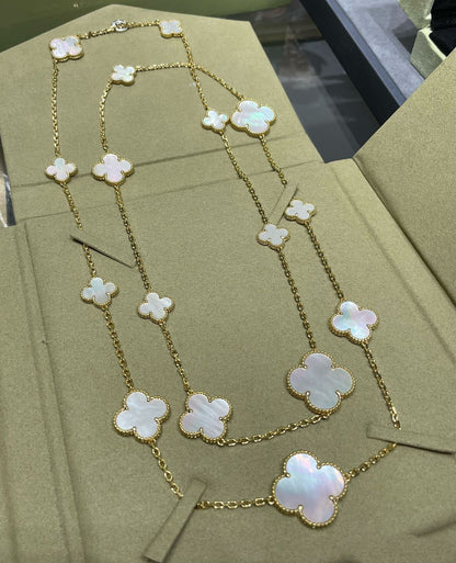 [Violet JW]CLOVER 16 MOTIF WHITE MOP GOLD NECKLACE