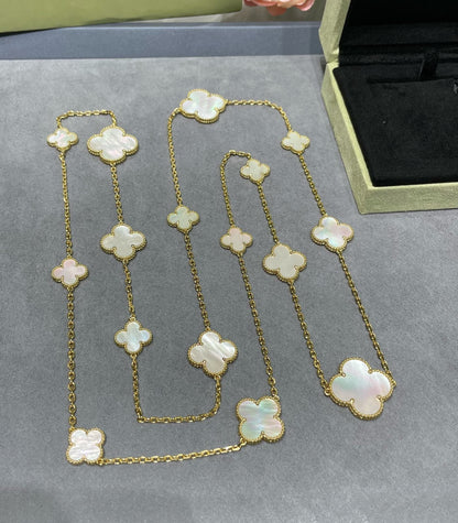 [Violet JW]CLOVER 16 MOTIF WHITE MOP GOLD NECKLACE