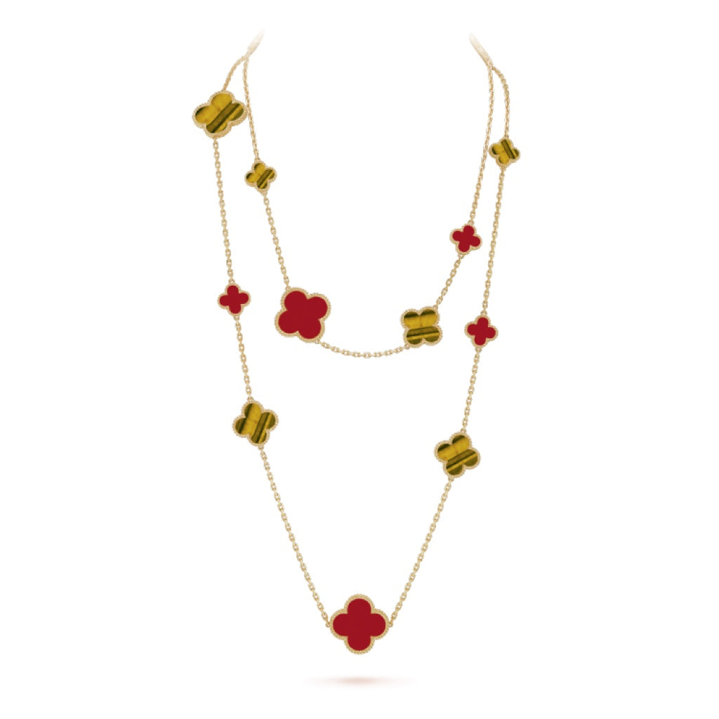 [Violet JW]CLOVER 16 MOTIF CARNELIAN TIGER EYE ROSE GOLD NECKLACE
