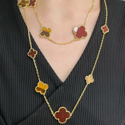 [Violet JW]CLOVER 16 MOTIF CARNELIAN TIGER EYE ROSE GOLD NECKLACE