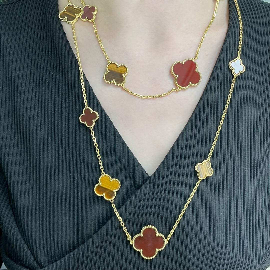 [Violet JW]CLOVER 16 MOTIF CARNELIAN TIGER EYE ROSE GOLD NECKLACE