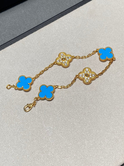 [Violet JW]CLOVER 5 MOTIF BLUE CHALCEDONY DIAMOND GOLD BRACELET
