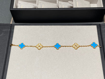 [Violet JW]CLOVER 5 MOTIF BLUE CHALCEDONY DIAMOND GOLD BRACELET
