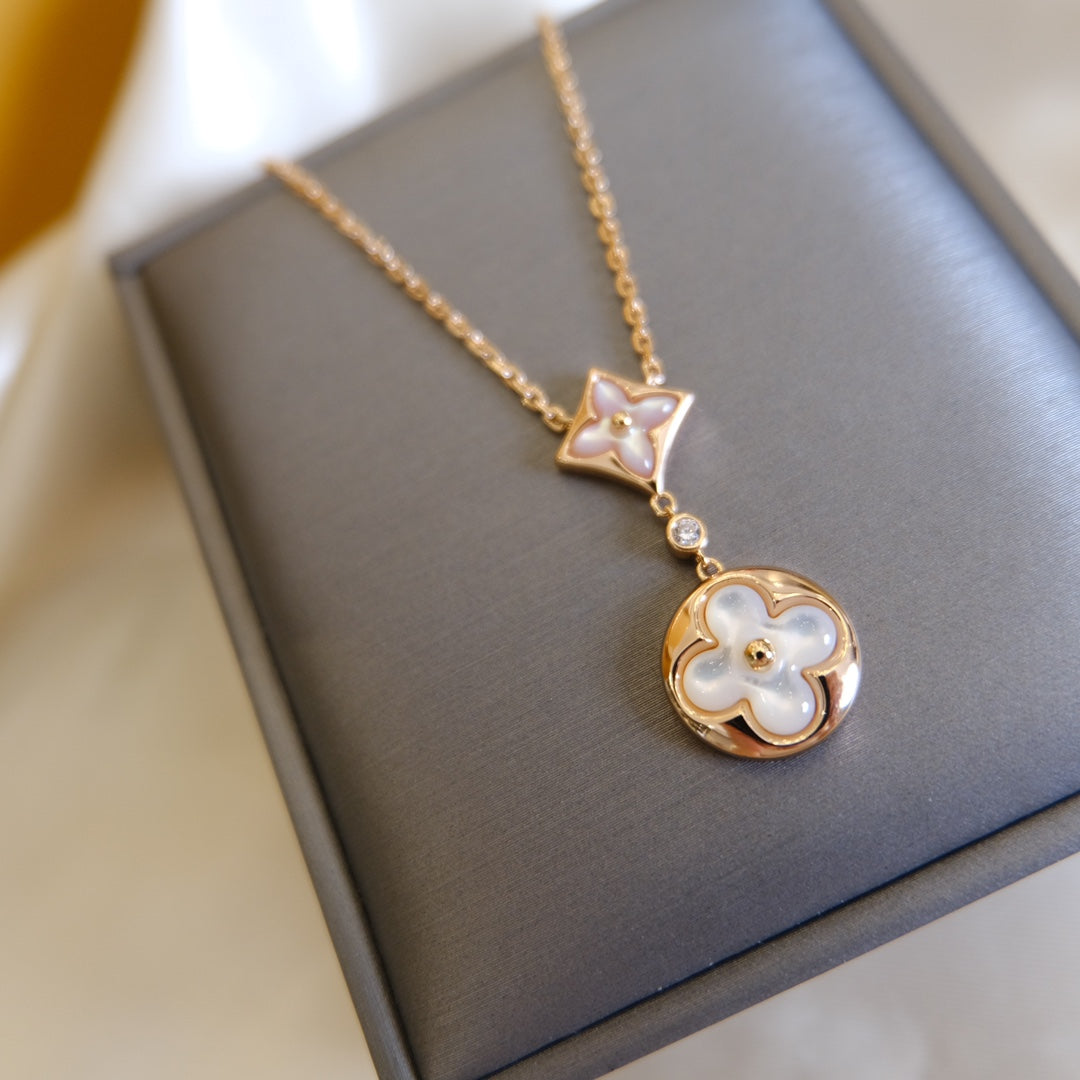 [Violet JW]STAR AND SUN WHITE MOP 2 MOTIF PINK GOLD NECKLACE