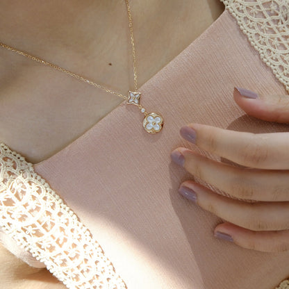[Violet JW]STAR AND SUN WHITE MOP 2 MOTIF PINK GOLD NECKLACE