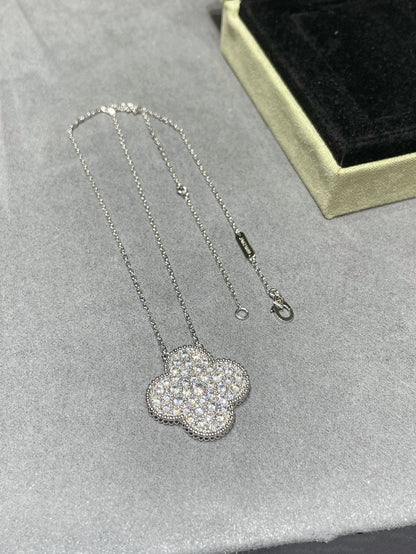 [Violet JW]CLOVER 25MM LARGE PENDANT DIAMOND PAVED SILVER NECKLACE