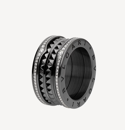 [Violet JW]ZERO 1 ROCK FOUR-BAND BLACK CERAMIC WITH STUDDED SPIRAL AND PAVED DIAMONDS RING