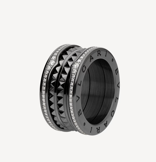 [Violet JW]ZERO 1 ROCK FOUR-BAND BLACK CERAMIC WITH STUDDED SPIRAL AND PAVED DIAMONDS RING