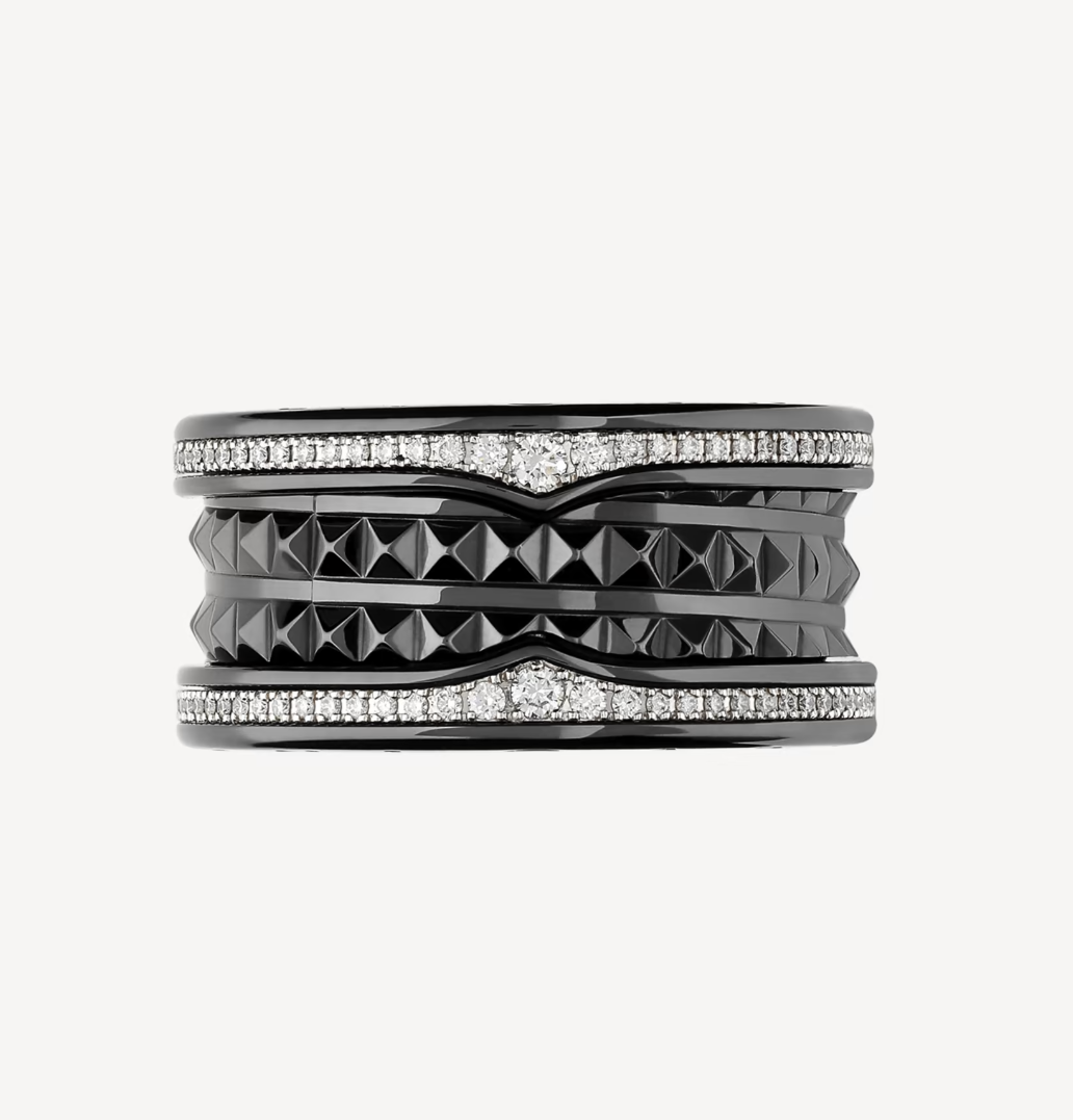 [Violet JW]ZERO 1 ROCK FOUR-BAND BLACK CERAMIC WITH STUDDED SPIRAL AND PAVED DIAMONDS RING