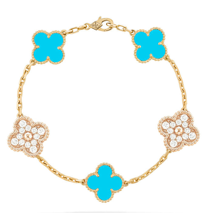 [Violet JW]CLOVER 5 MOTIF TURQUOISE DIAMOND GOLD BRACELET