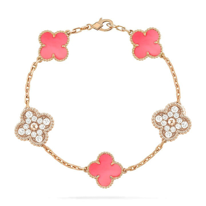 [Violet JW]CLOVER 5 MOTIF DIAMOND PINK MOP PINK GOLD BRACELET