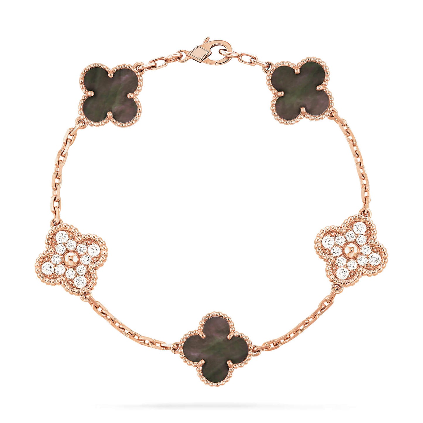 [Violet JW]CLOVER 5 MOTIFS DARK MOP AND DIAMONDS PINK GOLD BRACELET