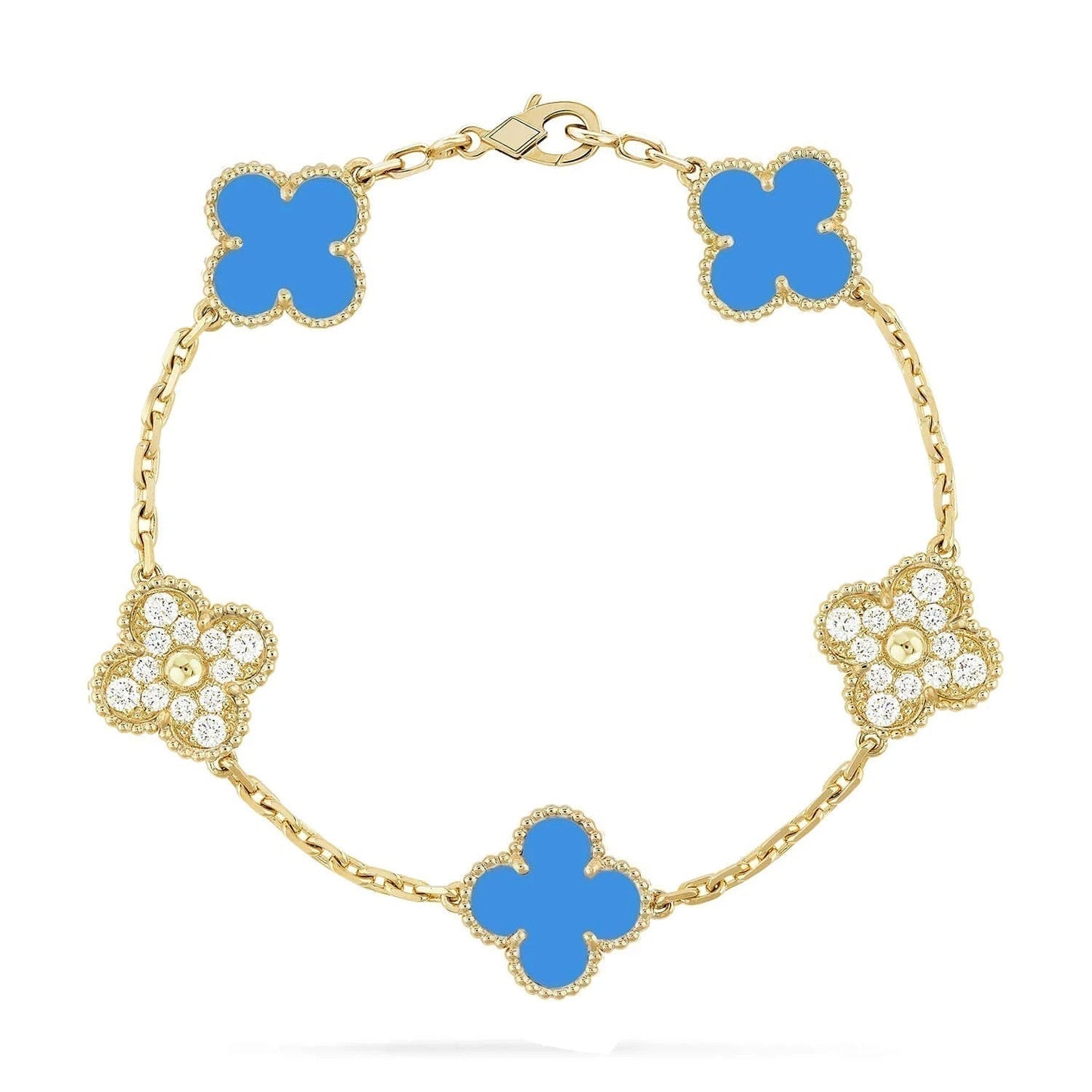 [Violet JW]CLOVER 5 MOTIF BLUE CHALCEDONY DIAMOND GOLD BRACELET
