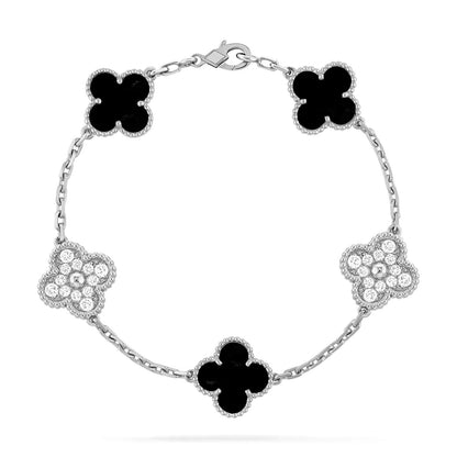 [Violet JW]CLOVER 5 MOTIF ONYXS DIAMOND BRACELET SILVER
