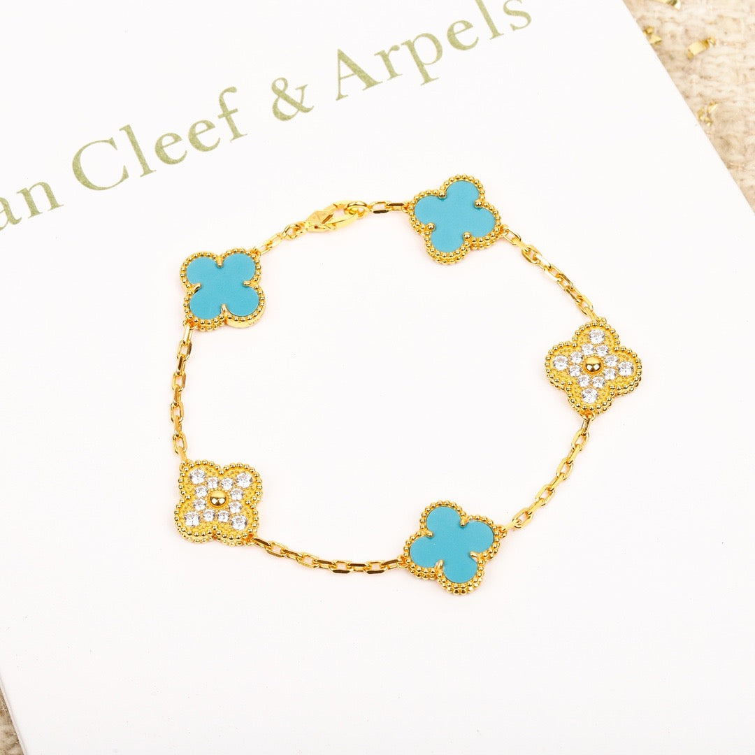 [Violet JW]CLOVER 5 MOTIF TURQUOISE DIAMOND GOLD BRACELET